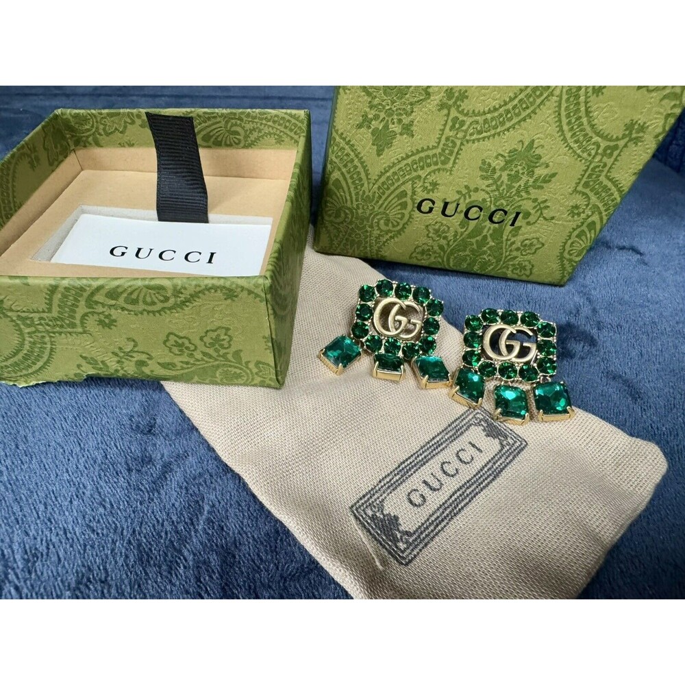 Vintage Gucci Emerald and Gold Drop Earrings with Double G Motif - Picture 2 of 14